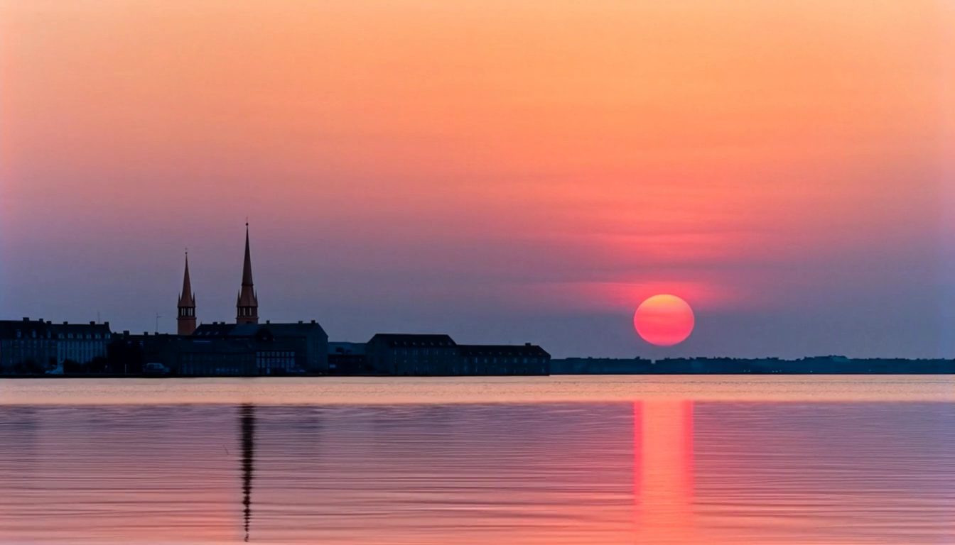 A midsummer evening over Copenhagen harbour: a low red sun on still water, two spires on the skyline.