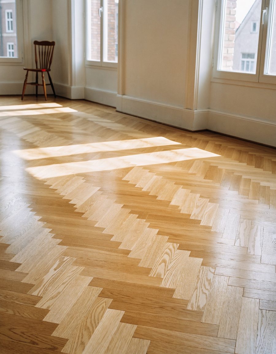 A new oak herringbone floor in an empty, sunlit apartment.