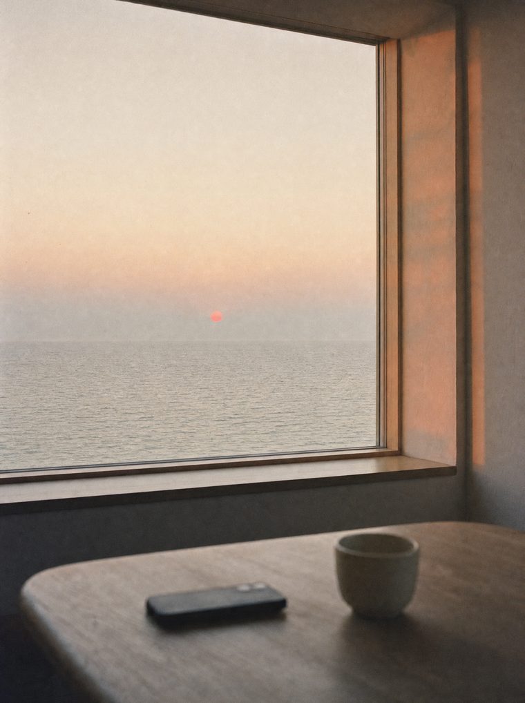 A calm modern room at first light: a large window over a flat, hazy sea with a low red sun, and a phone lying face down beside a cup on an oak table.