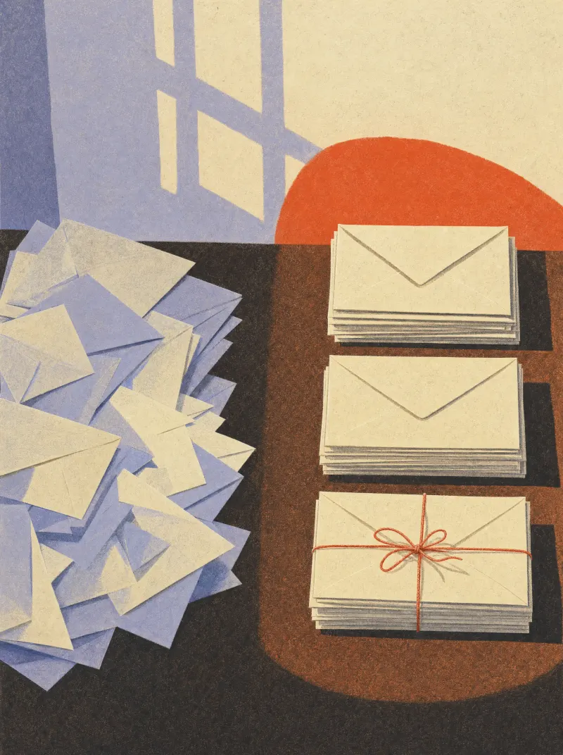 Illustration: a loose heap of envelopes on one side of a desk, three neat stacks on the other, lit by low sun.