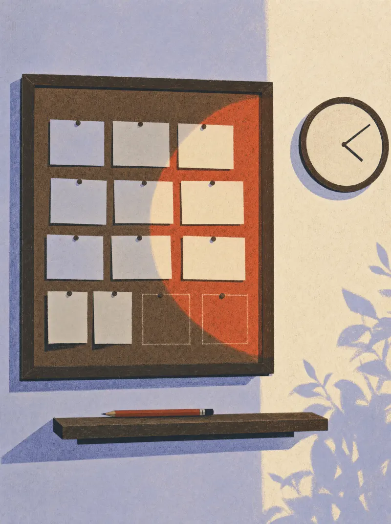 Illustration: a pinboard of blank cards with a few spaces still empty, a wall clock beside it, in fading light.